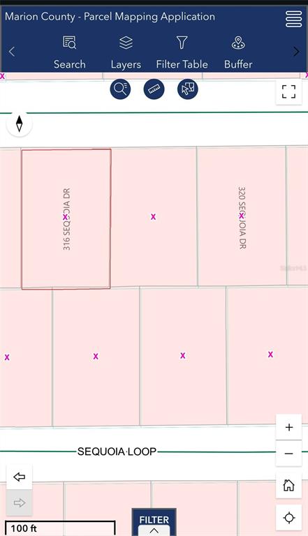 This is a digital parcel map showing residential lots along Sequoia Drive and Sequoia Loop — 316 SEQUOIA DRIVE, OCKLAWAHA, FL