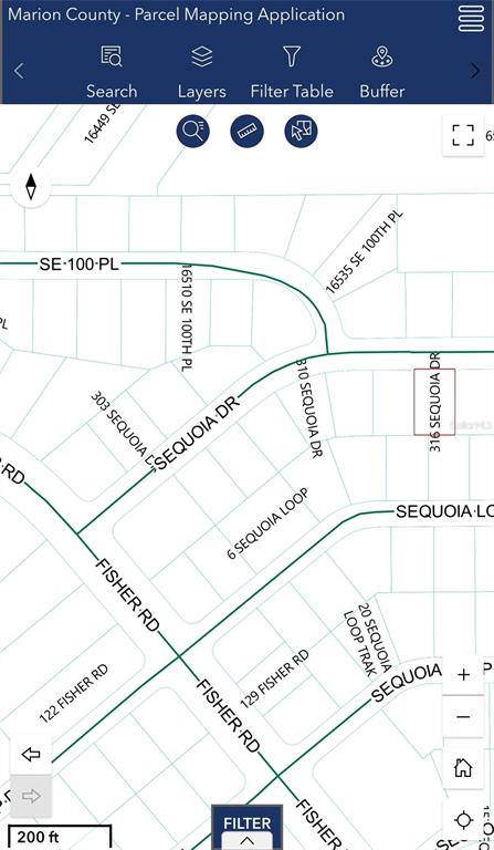 This is a digital map showing parcel boundaries and street names in a residential neighborhood — 316 SEQUOIA DRIVE, OCKLAWAHA, FL