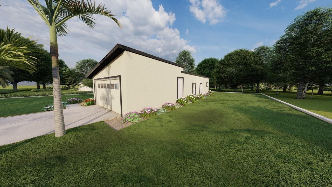 A digital rendering shows the exterior side view of a detached garage with light-colored siding — 6111 Fort Pierce Boulevard, Fort Pierce FL 34951, FORT PIERCE, FL