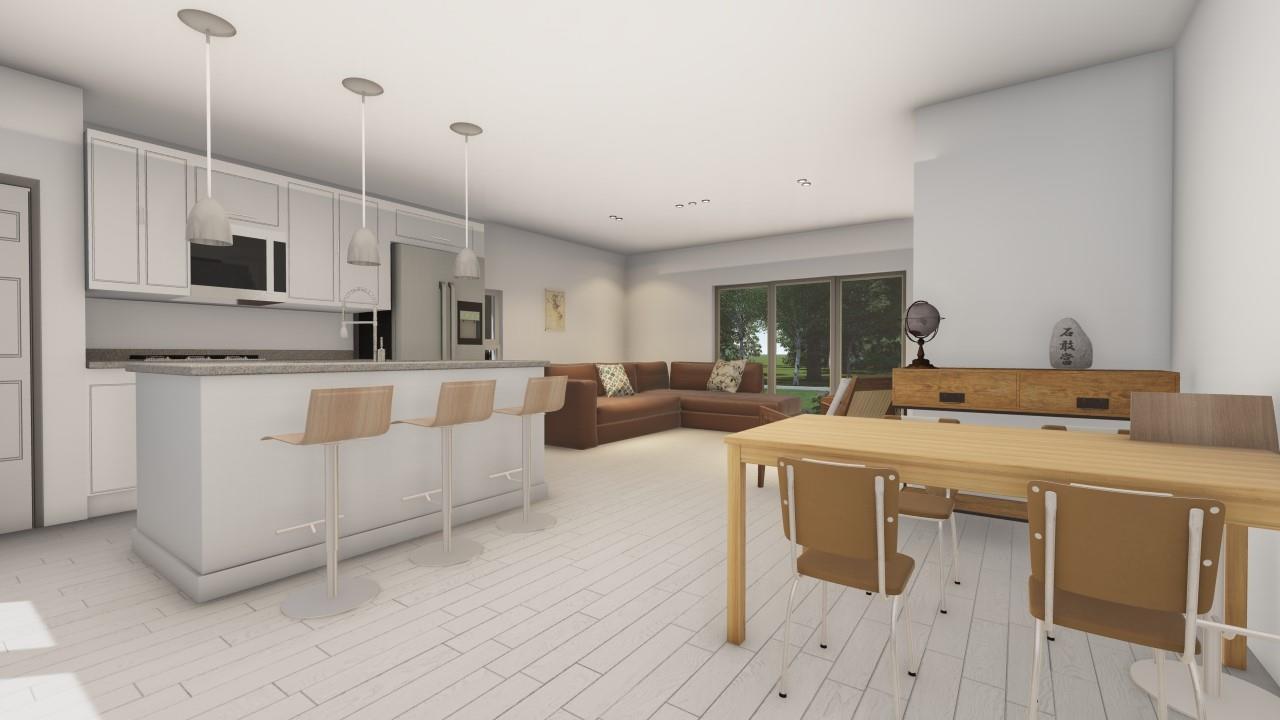 This rendering shows an open-concept kitchen, dining area, and living room with light wood flooring — 6111 Fort Pierce Boulevard, Fort Pierce FL 34951, FORT PIERCE, FL