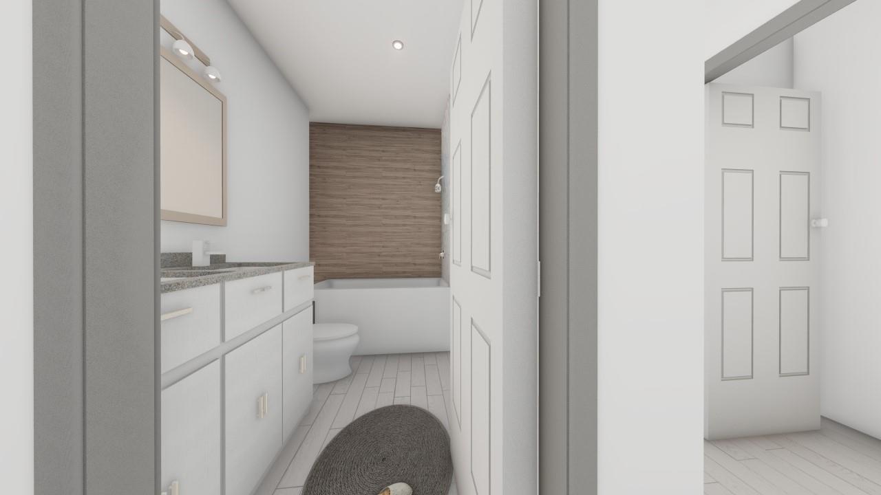 This is a rendering of a bathroom featuring white cabinetry, a wood-paneled tub surround, and tile — 6111 Fort Pierce Boulevard, Fort Pierce FL 34951, FORT PIERCE, FL