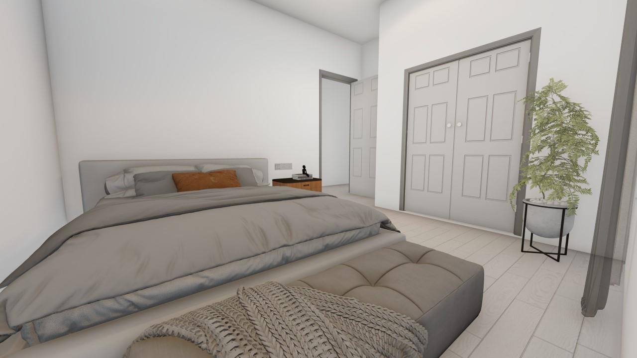 This is a rendering of a modern bedroom featuring a bed, bench, and closet doors — 6111 Fort Pierce Boulevard, Fort Pierce FL 34951, FORT PIERCE, FL