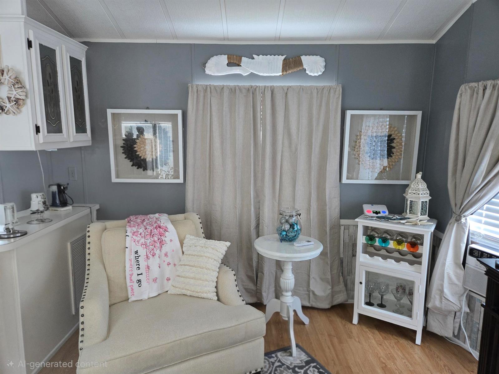A cozy corner features a cream armchair, a small round table, and a wine cabinet — 14270 SE 124th, Okeechobee FL 34974, OKEECHOBEE, FL