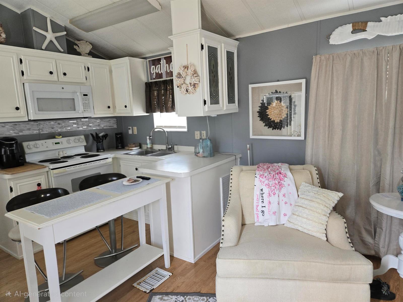 A kitchen with white cabinets and a small dining table next to a beige armchair — 14270 SE 124th, Okeechobee FL 34974, OKEECHOBEE, FL