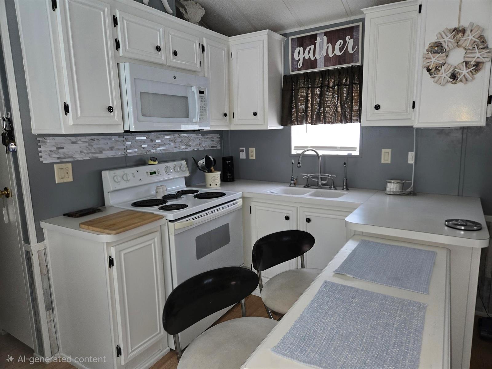 A kitchen features white cabinets, gray walls, a white stove, and a small breakfast bar — 14270 SE 124th, Okeechobee FL 34974, OKEECHOBEE, FL