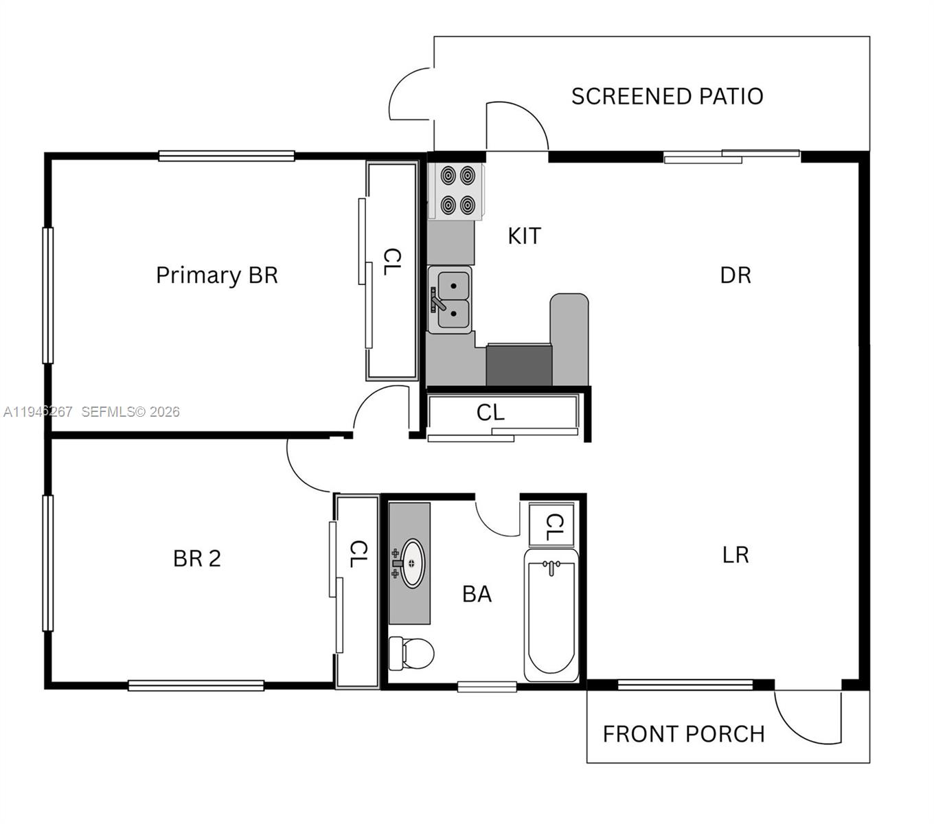 This is a floor plan for a two-bedroom, one-bathroom home with a screened patio — 2702 Pierce St # 5, Hollywood FL 33020, HOLLYWOOD, FL