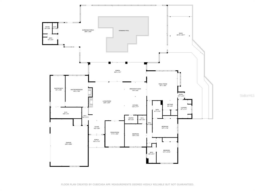 This floor plan shows a large single-story house with a swimming pool and multiple bedrooms — 2023 SE LAUREL RUN DRIVE, OCALA, FL