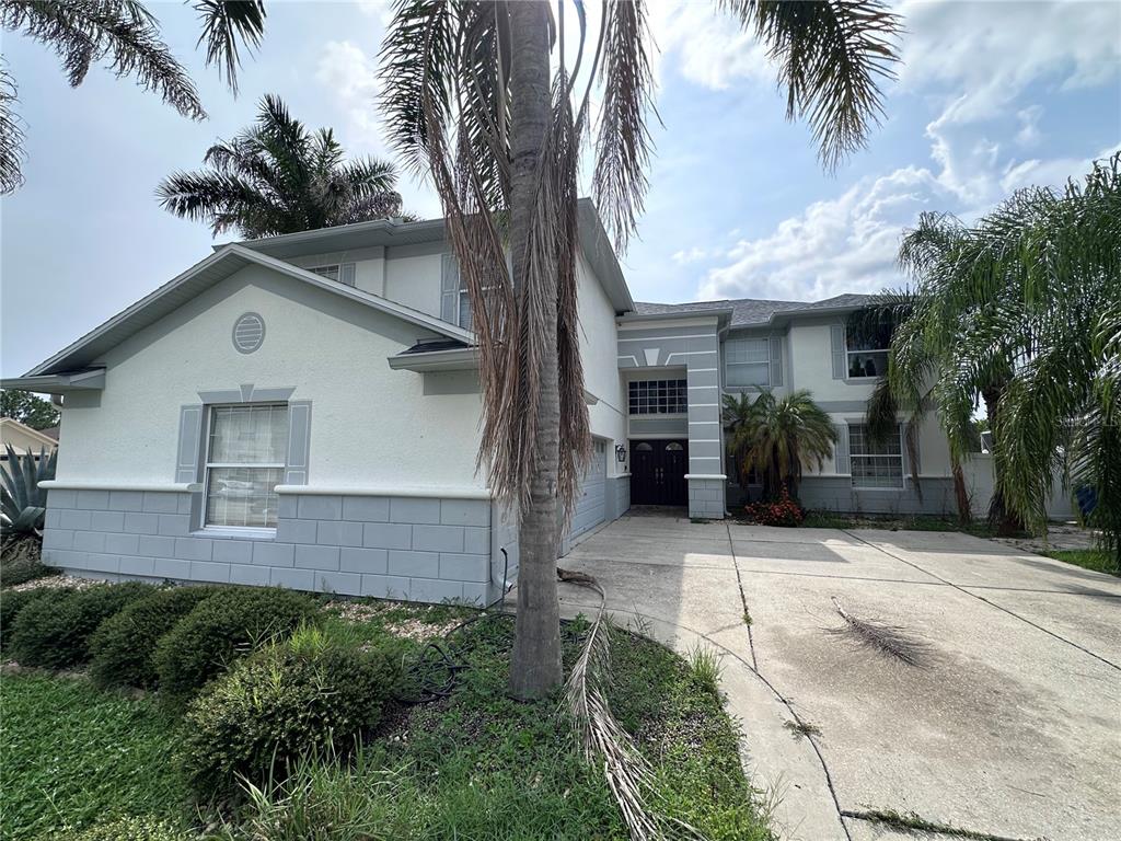A two-story house with a white and gray exterior, a concrete driveway, and palm trees — 11116 HOFFNER EDGE DRIVE, RIVERVIEW, FL