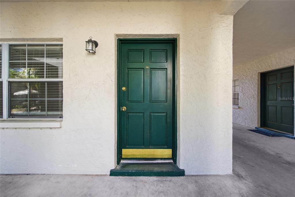 A green front door with a gold kickplate is set in a textured white wall — 4335 AEGEAN DRIVE UNIT 144A, TAMPA, FL
