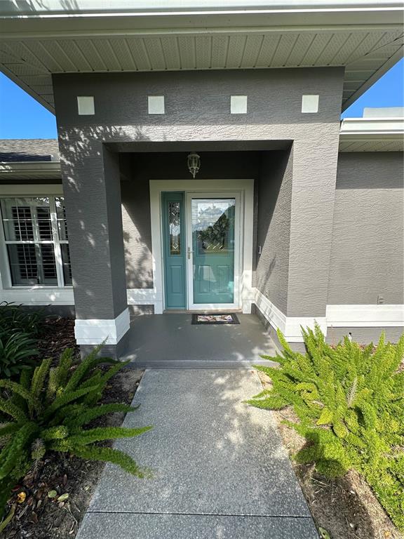A gray house exterior features a teal front door, a concrete walkway, and green landscaping — 417 ANDERSON DRIVE, TAVARES, FL