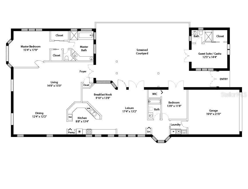 This is a floor plan for a house featuring a central screened courtyard and garage — 5839 LOS VERDES COURT, BRADENTON, FL