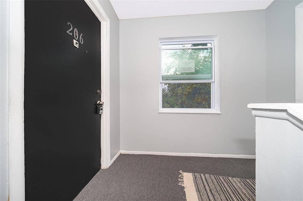 A black door labeled 206 opens into a carpeted entryway with a window — 5325 CURRY FORD ROAD UNIT D206, ORLANDO, FL
