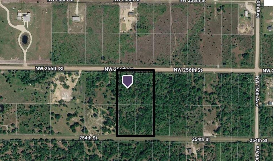An aerial map view shows a rectangular plot of land outlined in black — 16384 NW 256TH STREET, OKEECHOBEE, FL