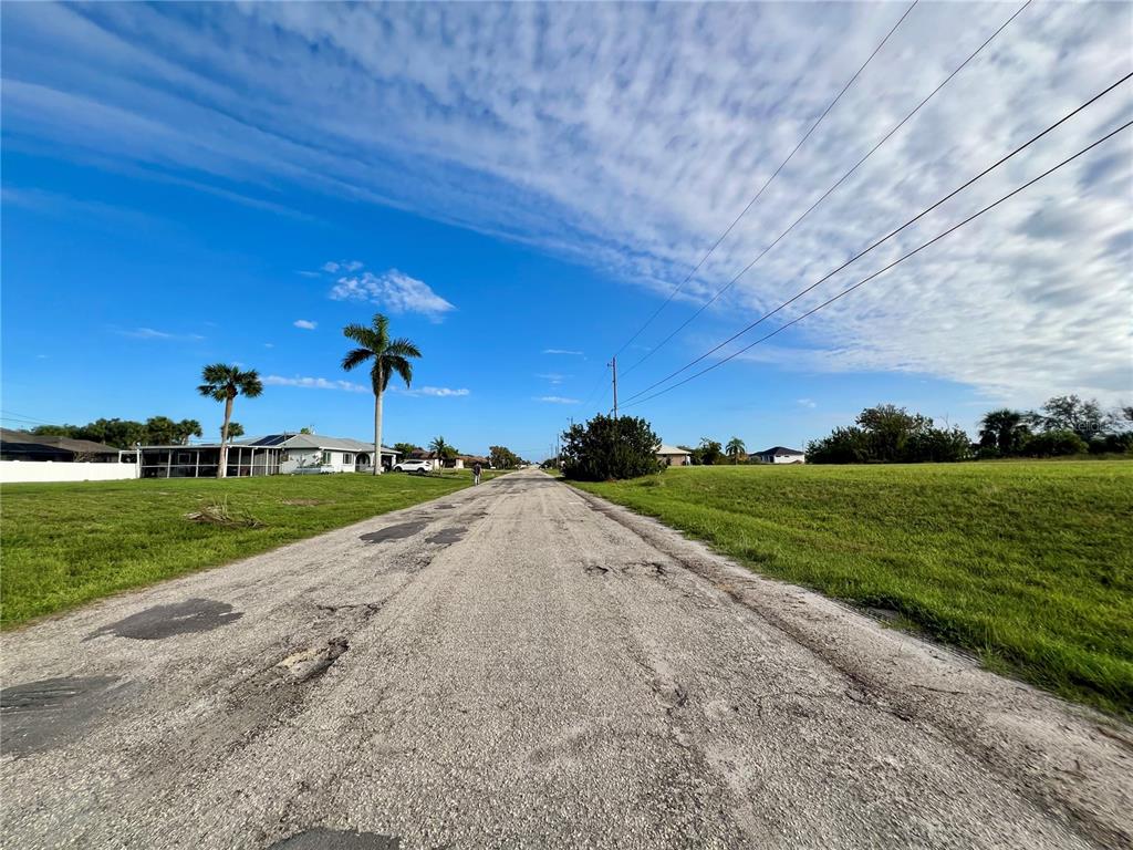 A paved road with patches leads through a residential area with palm trees and grass — 1229 NE 13TH PLACE, CAPE CORAL, FL