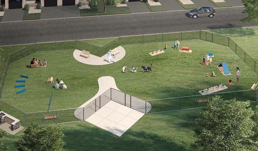 This is a rendering of a fenced-in community dog park with agility equipment and seating — 6196 SW 64TH TERRACE, OCALA, FL