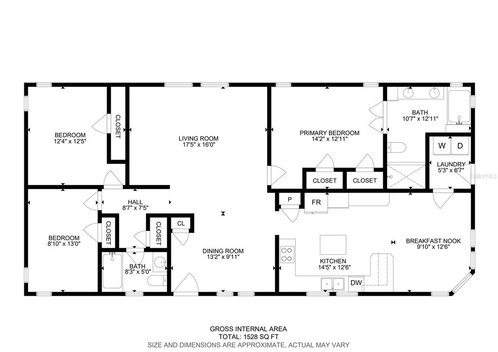 This is a floor plan of a residential home with three bedrooms and two bathrooms — 1777 QUAIL HILL DRIVE, LAKELAND, FL