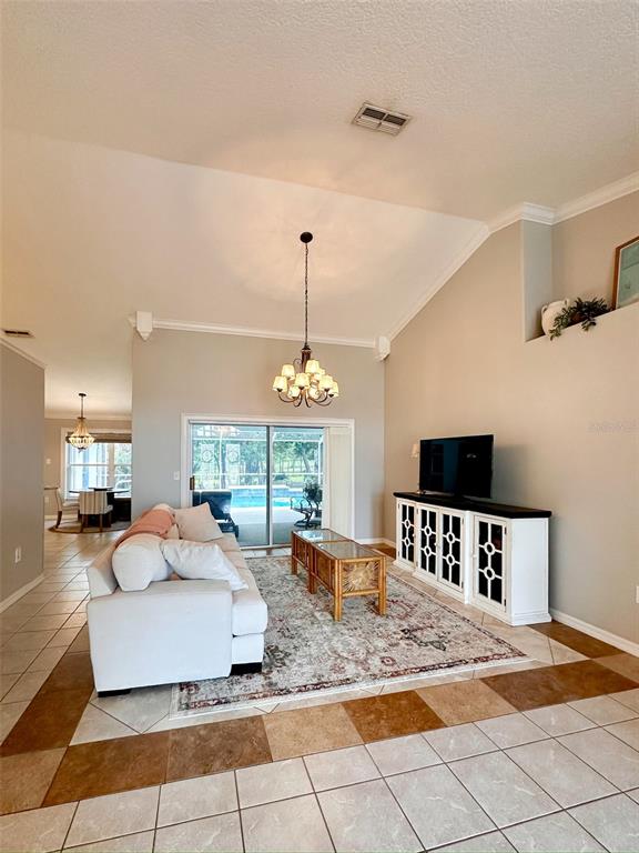A living room features a white sofa, a patterned rug, and a television console — 9233 IRONDALE LANE, HUDSON, FL