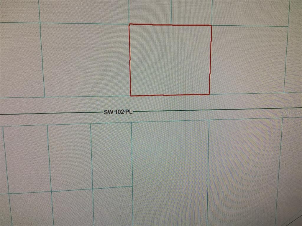 This is a map showing a rectangular property parcel outlined in red along a road — 0 SW 102 PLACE, DUNNELLON, FL