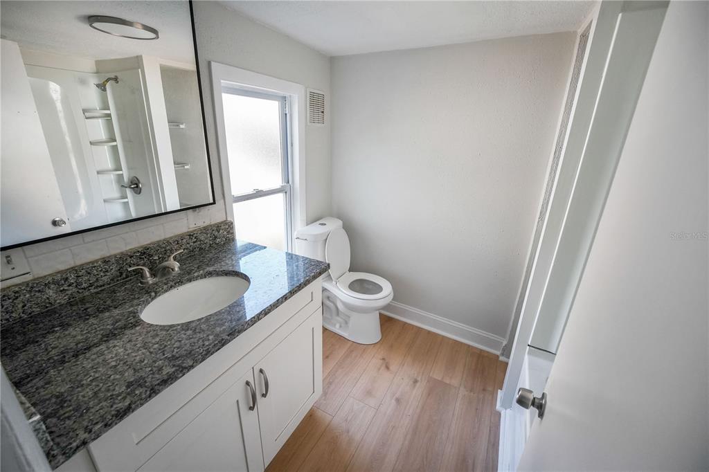A bathroom features a granite-topped vanity, a white toilet, and light wood-look flooring — 8103 N BROOKS STREET, TAMPA, FL