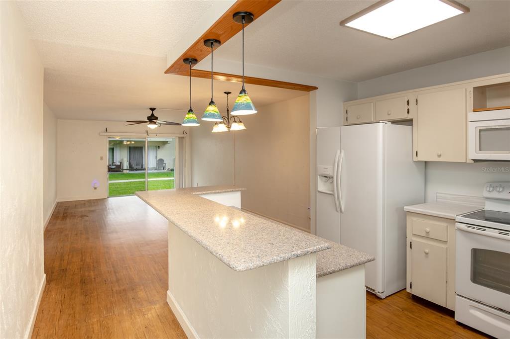 A kitchen with white appliances and a granite-topped breakfast bar overlooks a living area — 2901 N HALIFAX AVENUE UNIT 111, DAYTONA BEACH, FL