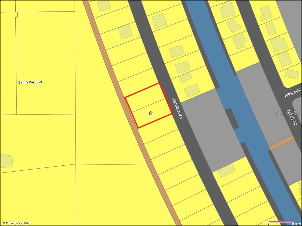 This is a map showing a highlighted rectangular property lot along a residential street — 121 & 123 BOUNDARY BOULEVARD, ROTONDA WEST, FL