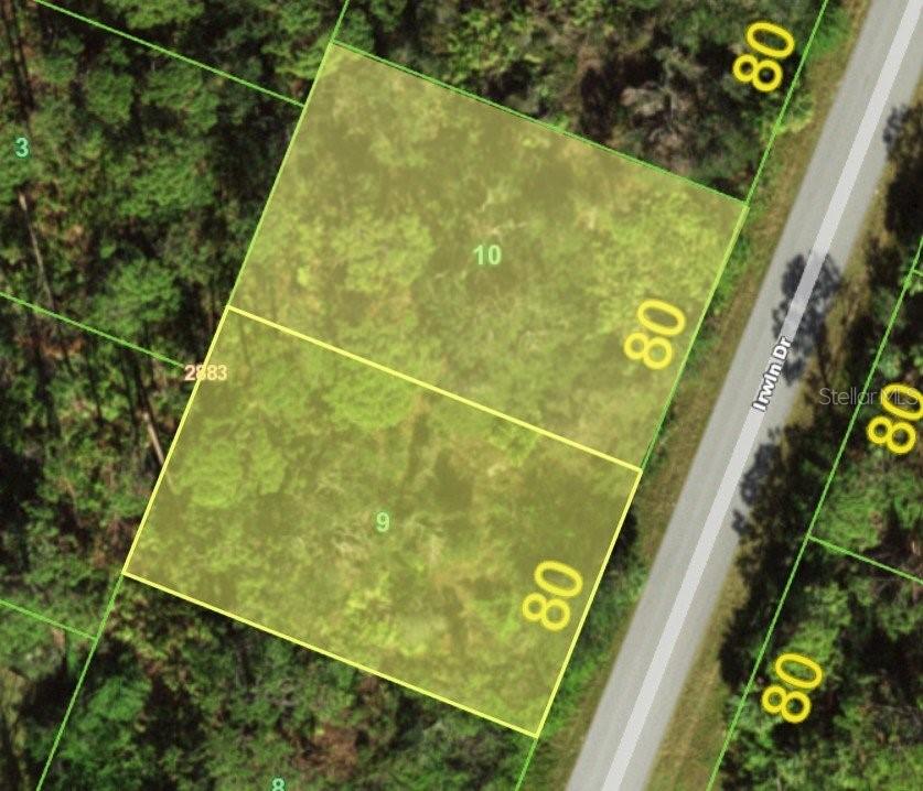 This is a map showing two adjacent rectangular land parcels labeled 9 and 10 — 13536 IRWIN DRIVE, PORT CHARLOTTE, FL