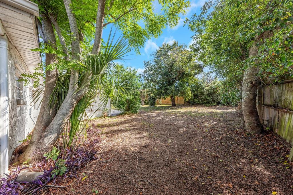 A backyard area with a dirt ground, mature trees, and a wooden fence — 4040 FLAMINGO DRIVE, NEW PORT RICHEY, FL