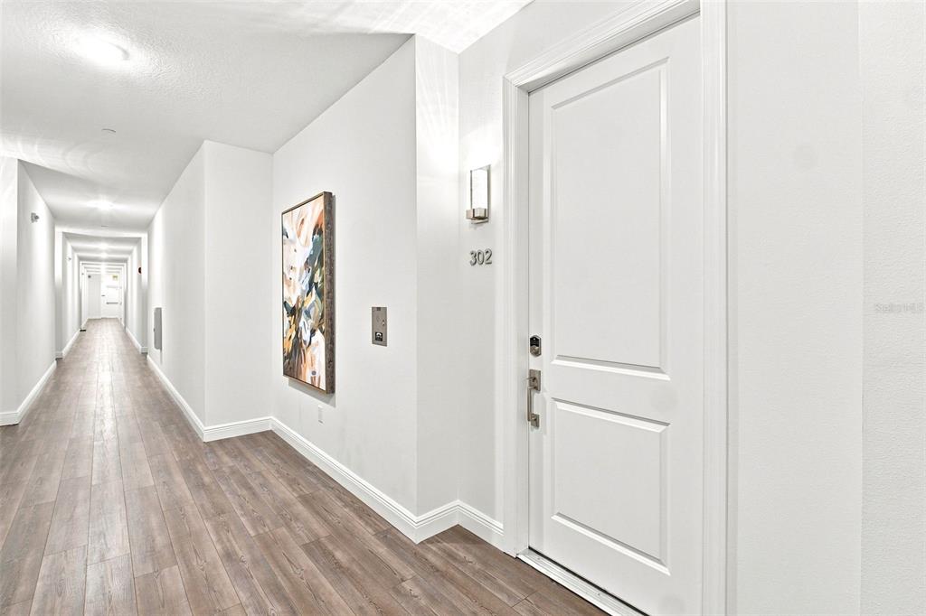 A hallway with wood-look flooring leads to a white door labeled 302 — 600 3RD AVENUE S UNIT 302, ST PETERSBURG, FL