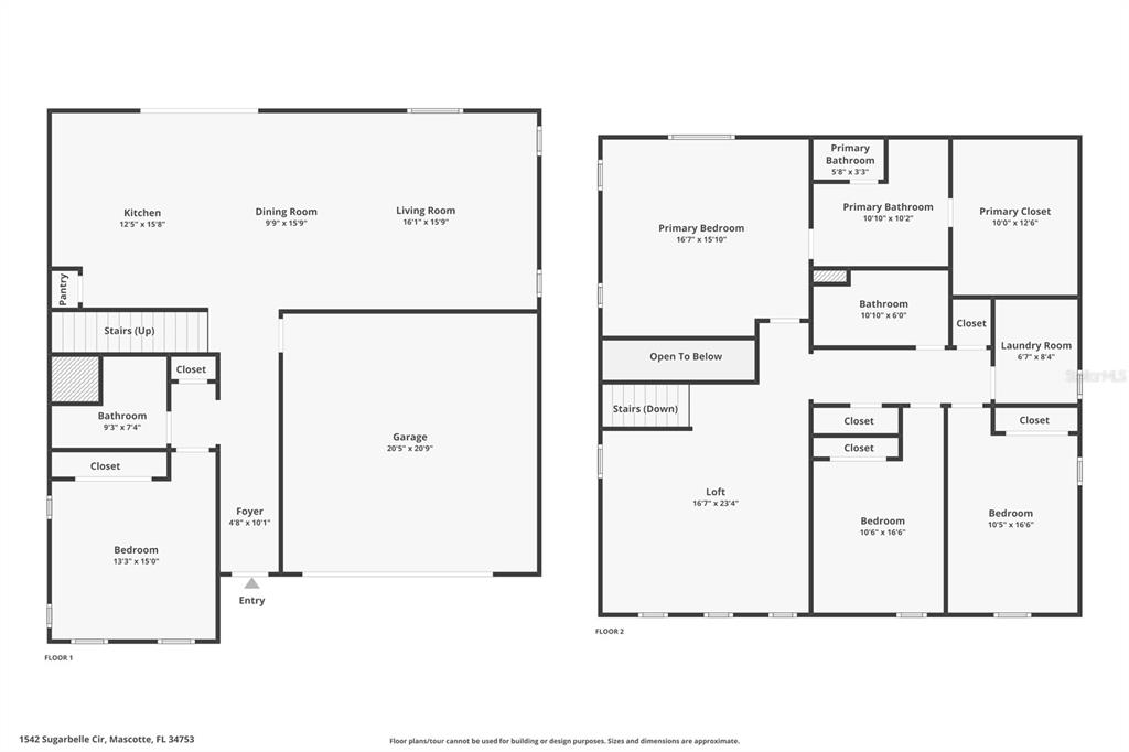 This is a two-story floor plan showing the layout of a residential home — 1542 SUGARBELLE CIRCLE, MASCOTTE, FL