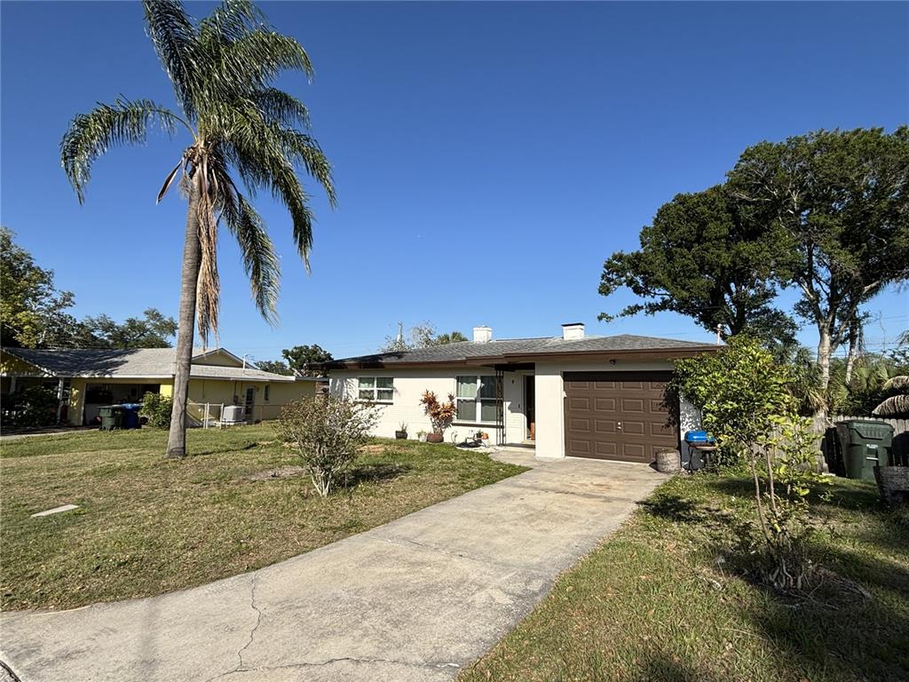A single-story house with a brown garage door, a palm tree, and a concrete driveway — 1347 BUCKINGHAM DRIVE, CLEARWATER, FL