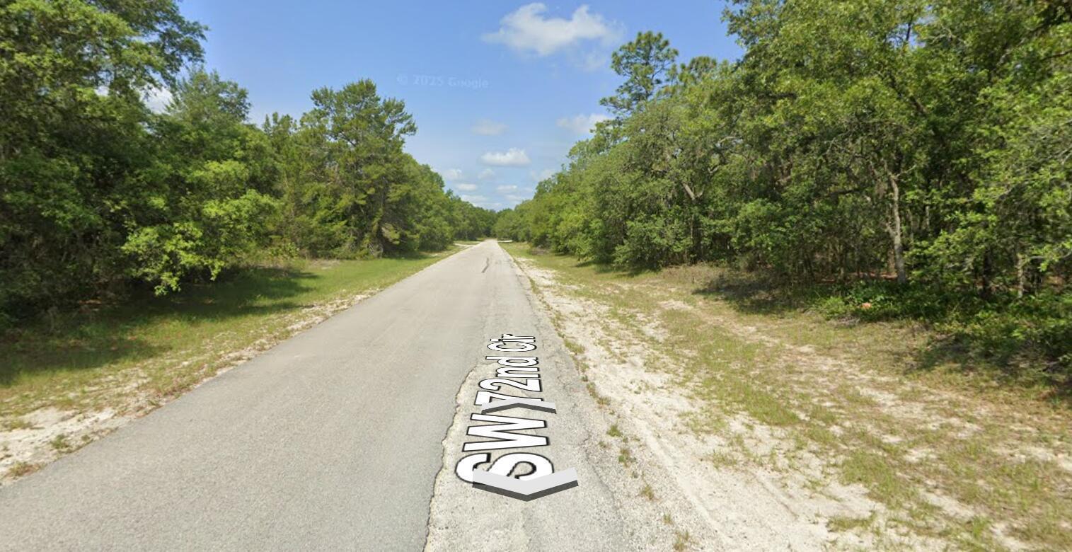 A paved road stretches through a wooded area with sandy shoulders under a blue sky — Tbd SW 72nd Circle, FL 34432, FL