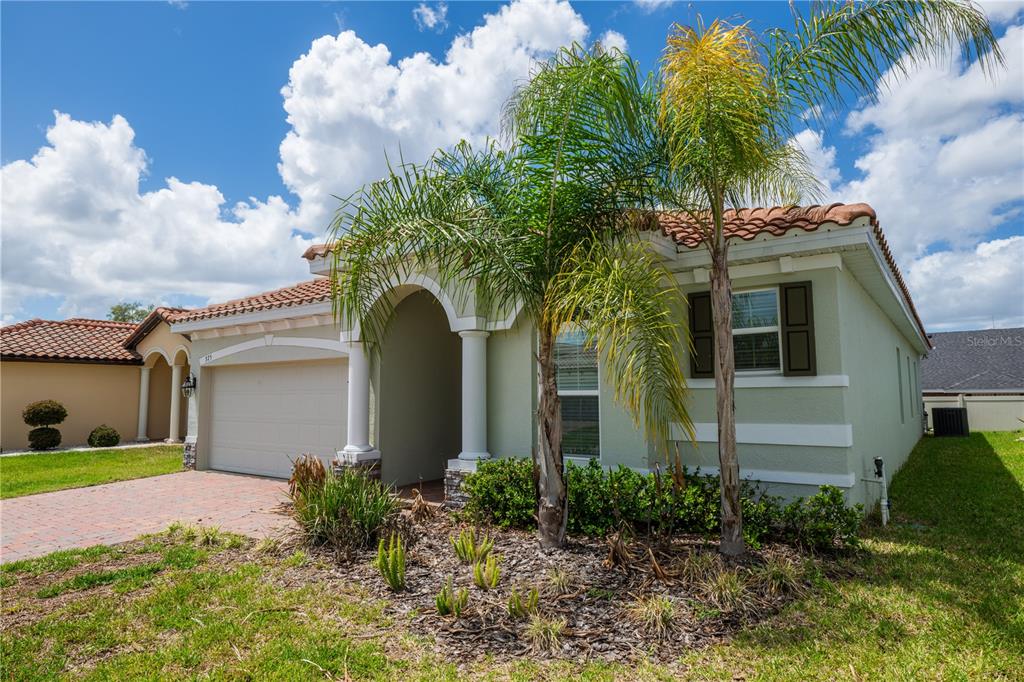 A light green single-story house with a tile roof, two palm trees, and a driveway — 375 VILLA SORRENTO CIRCLE, HAINES CITY, FL