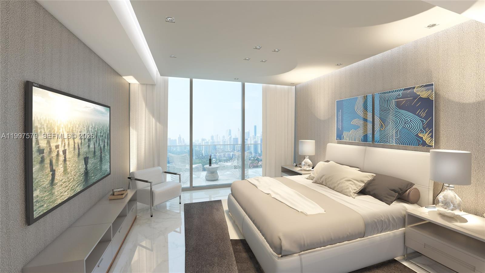 This rendering shows a modern bedroom with a large bed, television, and floor-to-ceiling windows — 1170 E Hallandale Beach Blvd # 909, Hallandale Beach FL 33009, HALLANDALE BEACH, FL