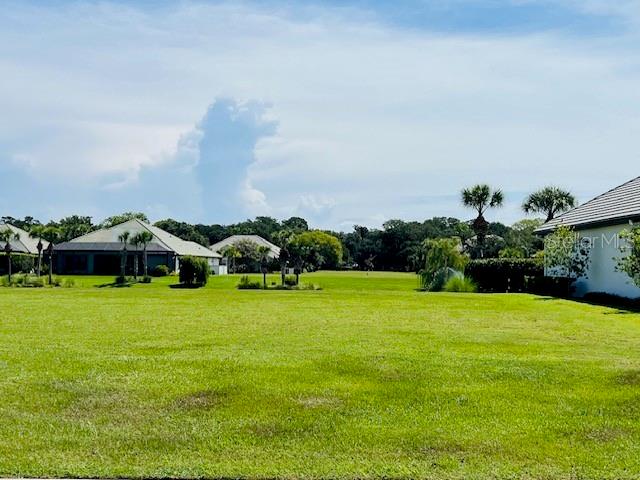 A grassy backyard view features residential houses under a cloudy blue sky — 74 LONGVIEW WAY N, PALM COAST, FL