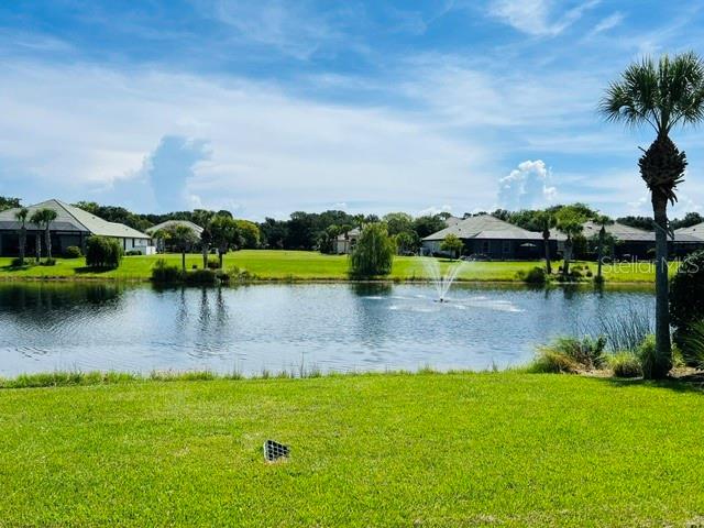 A view of a pond with a fountain, surrounded by houses and palm trees — 74 LONGVIEW WAY N, PALM COAST, FL