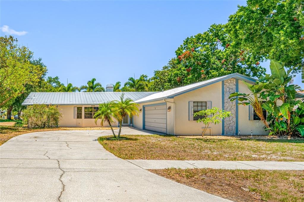 A single-story house with a metal roof, stone accent wall, and a concrete driveway — 2409 OSPREY AVENUE, PALM HARBOR, FL