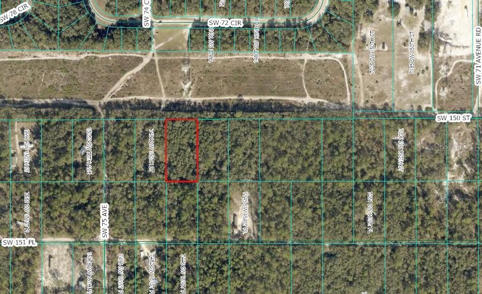 This is an aerial map showing a rectangular plot of land highlighted in red — TBD SW 150TH STREET, DUNNELLON, FL