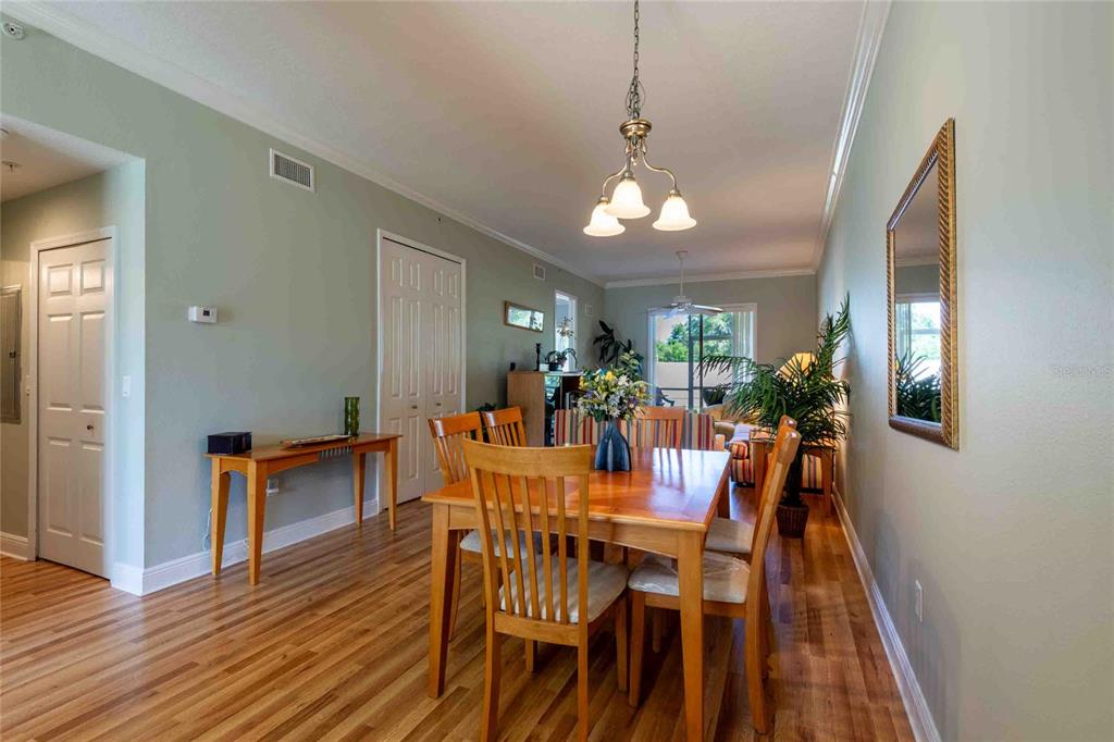 A dining area features a wooden table and chairs, hardwood flooring, and a hanging chandelier — 21011 PICASSO COURT UNIT 106, LAND O LAKES, FL