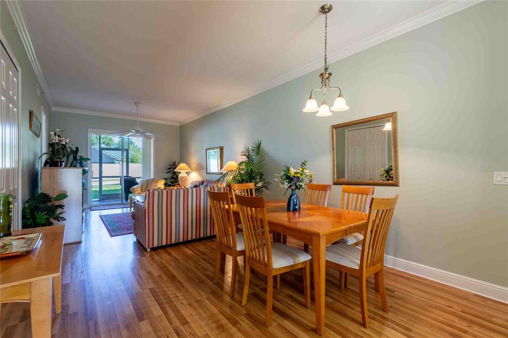 A dining area with a wooden table and chairs sits next to a living room — 21011 PICASSO COURT UNIT 106, LAND O LAKES, FL