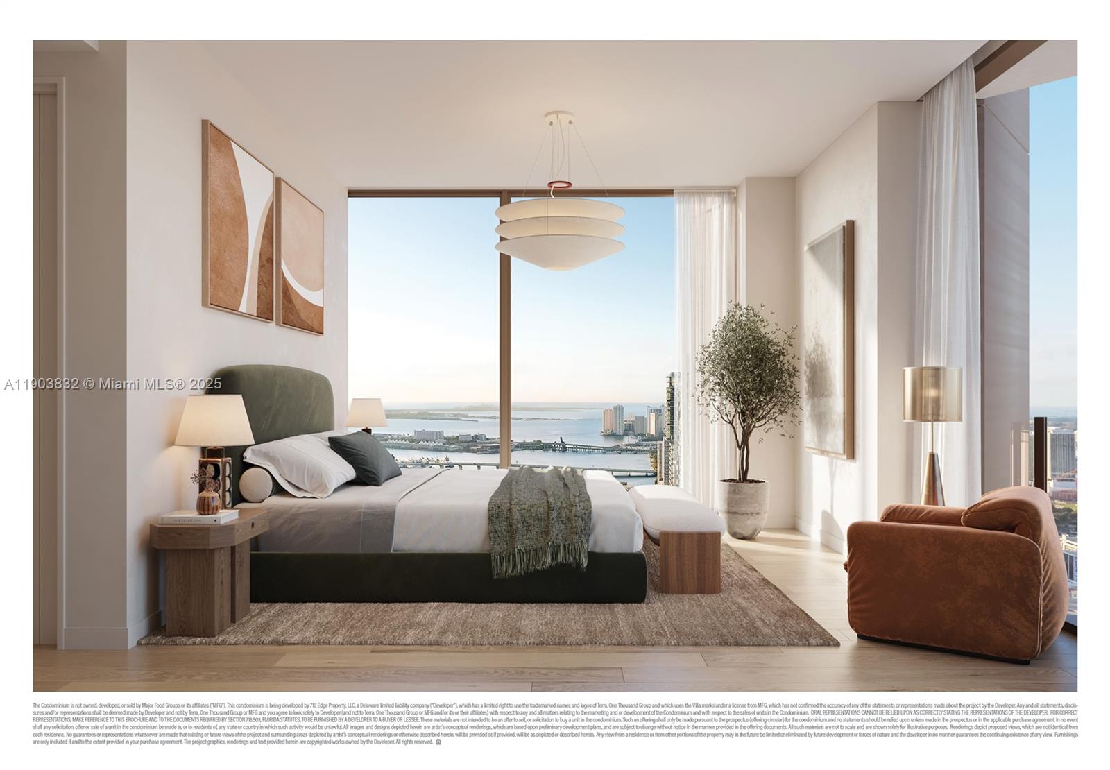 This rendering shows a modern bedroom with a large window overlooking a city waterfront — 710 NE 29th St # 2702, Miami FL 33137, MIAMI, FL