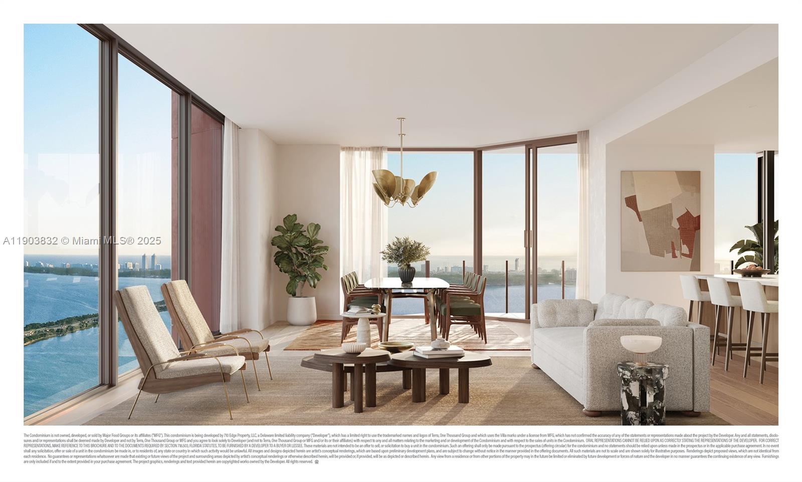 This rendering shows a modern living and dining area with floor-to-ceiling windows overlooking the ocean — 710 NE 29th St # 2702, Miami FL 33137, MIAMI, FL