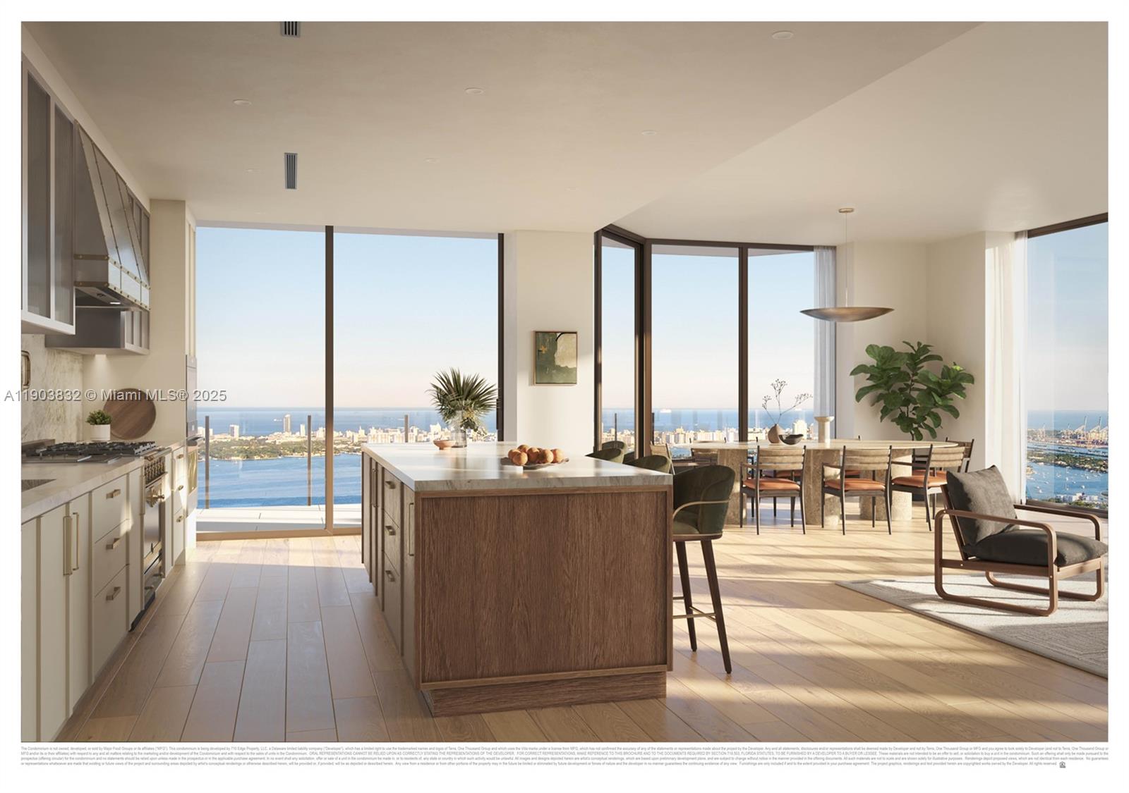 This rendering shows a modern kitchen and dining area with floor-to-ceiling windows overlooking water — 710 NE 29th St # 2702, Miami FL 33137, MIAMI, FL