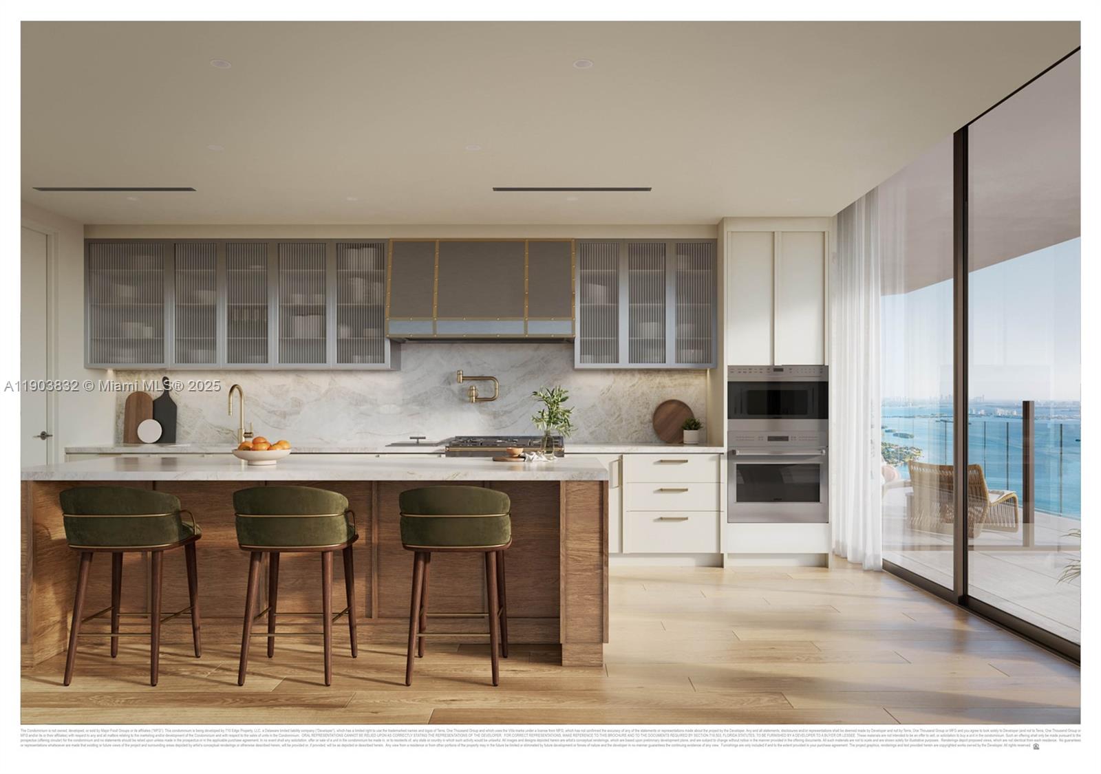 This rendering shows a modern kitchen with a wooden island, marble backsplash, and ocean view — 710 NE 29th St # 2702, Miami FL 33137, MIAMI, FL