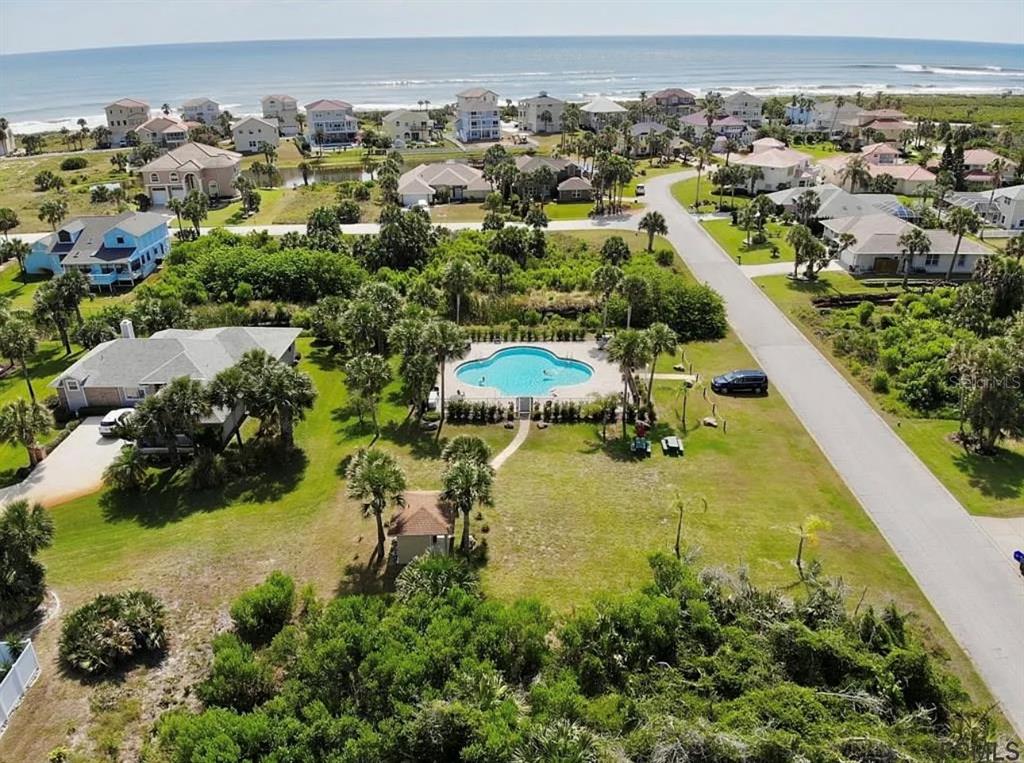 An aerial view shows a community swimming pool surrounded by palm trees, houses, and vegetation — 24 MAHOE DRIVE S, PALM COAST, FL