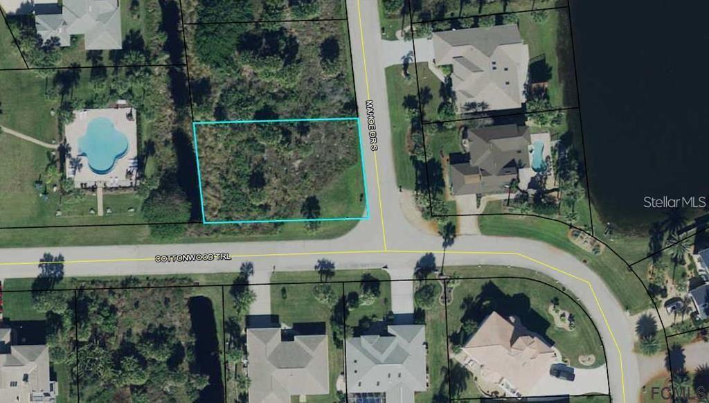 This is an aerial map showing a vacant residential lot outlined in blue — 24 MAHOE DRIVE S, PALM COAST, FL