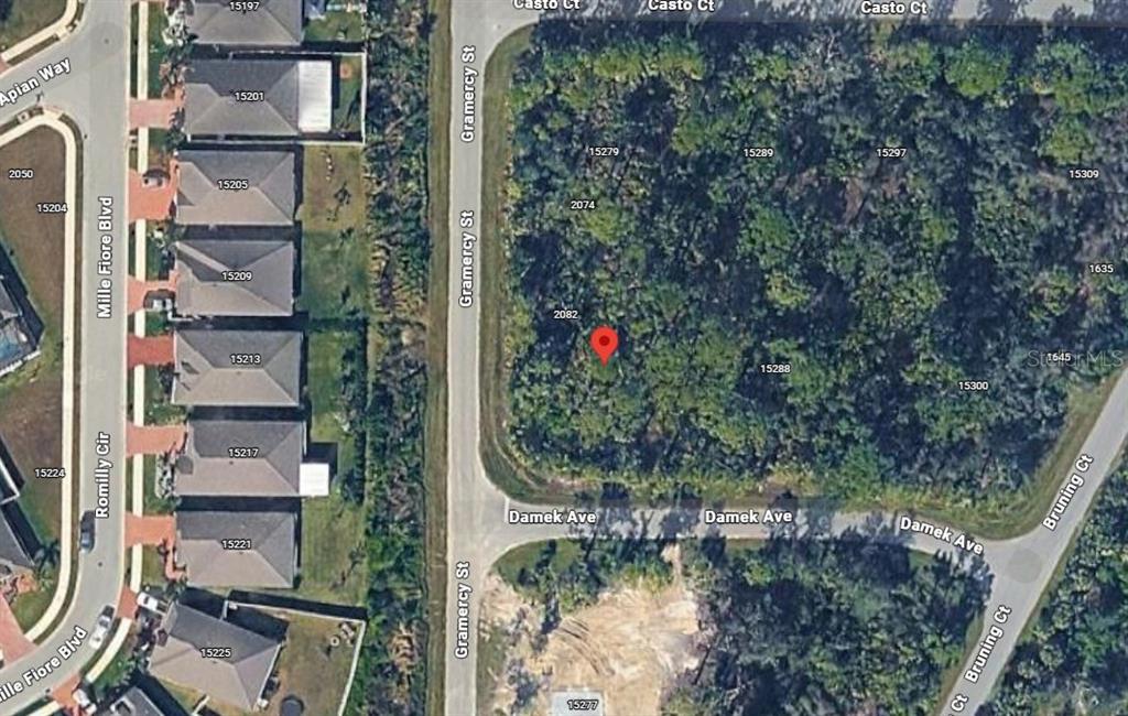 This is an aerial map showing a vacant, wooded lot marked with a red pin — 15278 DAMEK AVENUE, PORT CHARLOTTE, FL