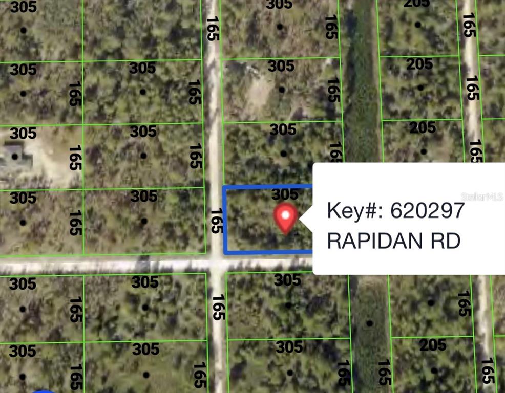 This is a map showing a highlighted rectangular land parcel with dimensions labeled in feet — RAPIDAN ROAD, WEEKI WACHEE, FL