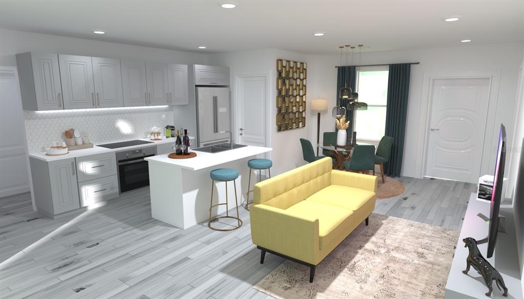 This rendering shows an open-concept kitchen and living area with gray cabinets and yellow sofa — 4963 PALL MALL STREET E, KISSIMMEE, FL