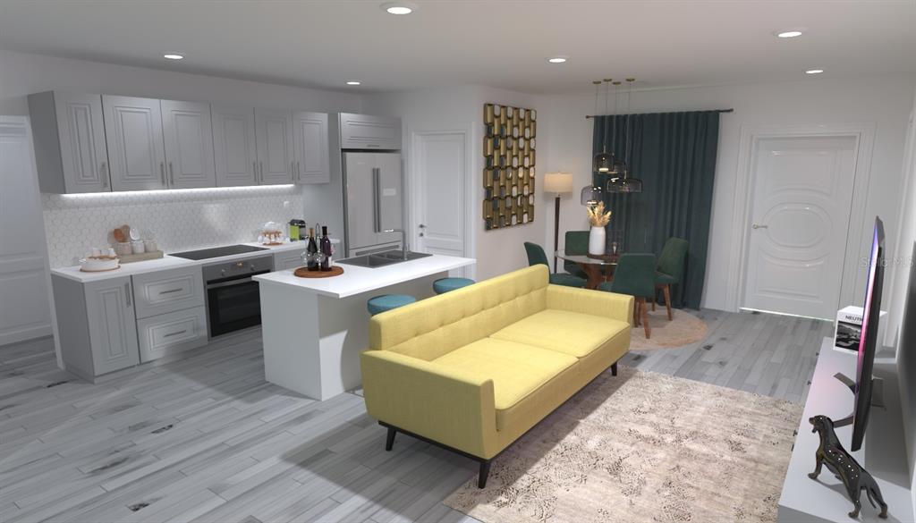 This is a rendering of an open-concept kitchen and living area with a yellow sofa — 4963 PALL MALL STREET E, KISSIMMEE, FL