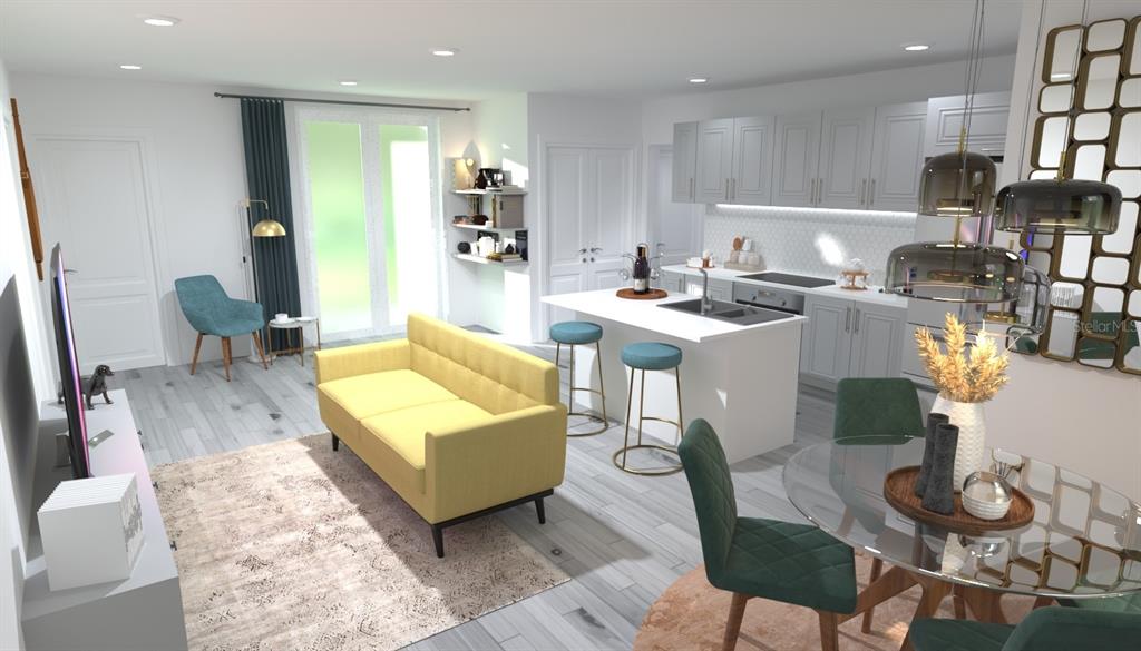 This is a rendering of an open-concept living room, dining area, and kitchen with modern finishes — 4963 PALL MALL STREET E, KISSIMMEE, FL